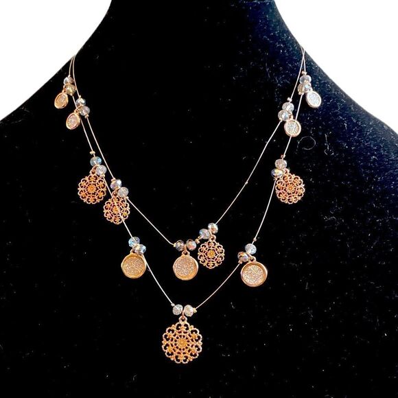 Erica Lyons Rose Gold Two Strand Wire Necklace with Crystal & Dangle Earring’s - Picture 1 of 4